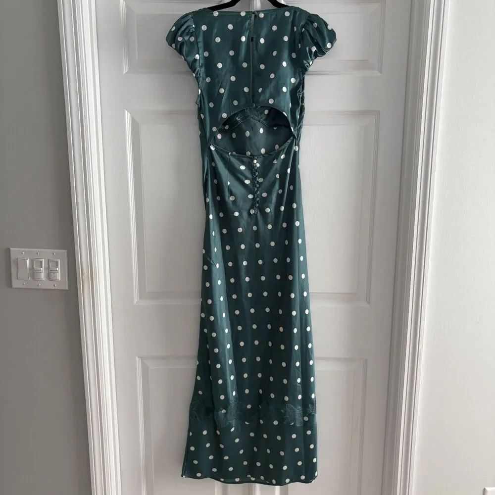 Free People Womens Butterfly Babe Polka Dot Sz Small Green Satin Maxi Dress EUC